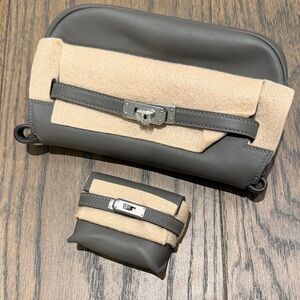 Gray and Tan Leather Clutch and Pouch Set